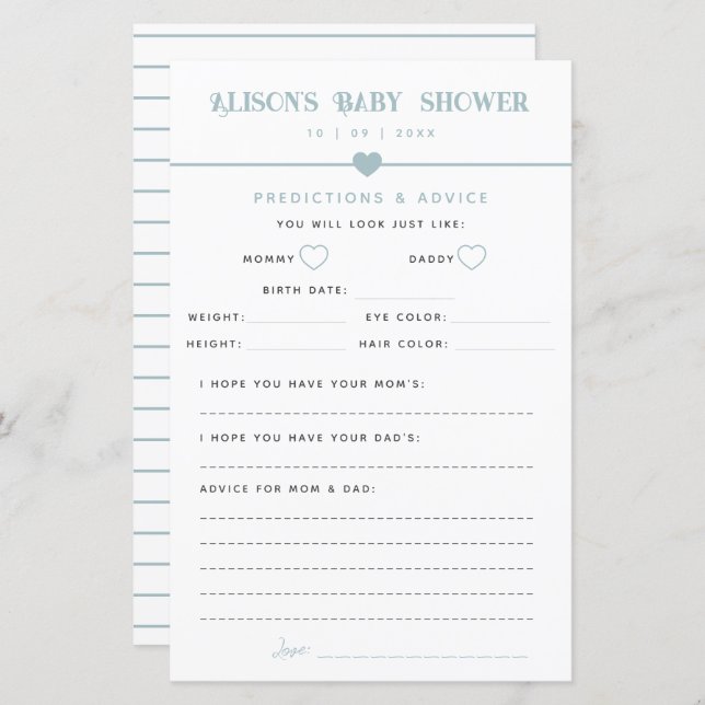 Lámina Consejos y predicciones de Baby Shower azul modern (Anverso / Reverso)