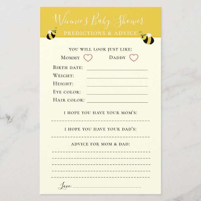 Lámina Consejos y predicciones de Baby Shower para abejas (Anverso)