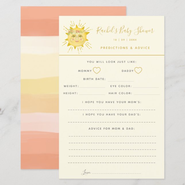 Lámina Consejos y predicciones de Baby Shower para el sol (Anverso / Reverso)