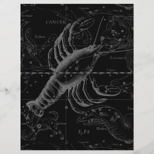 Lámina Constelación de Cáncer Hevelius 1690 sobre negro (Anverso)