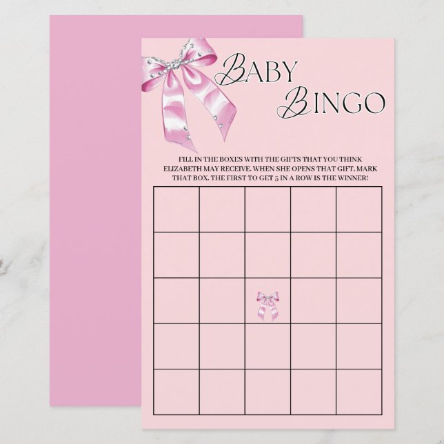 Lámina Coquette de diamantes rosados Bow Baby Shower Bing (Anverso / Reverso)