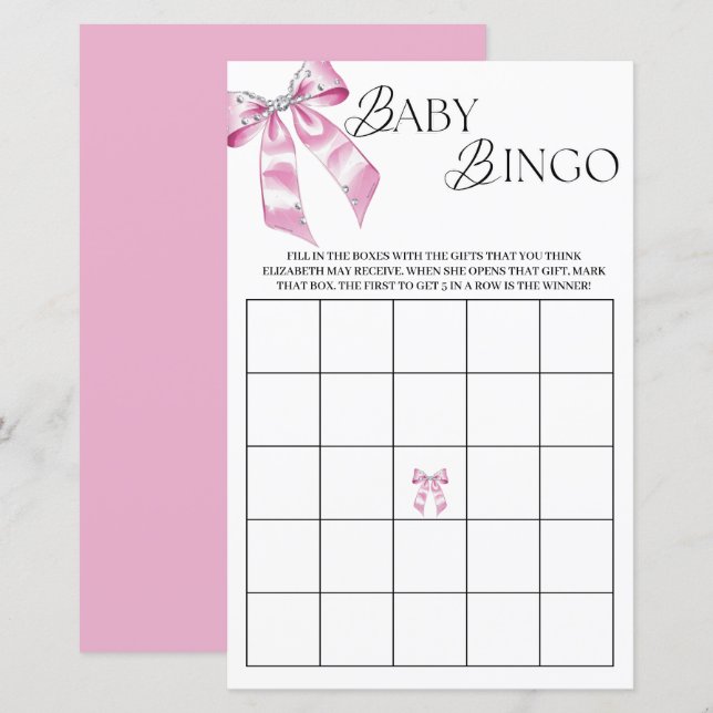 Lámina Coquette de diamantes rosados Bow Baby Shower Bing (Anverso / Reverso)