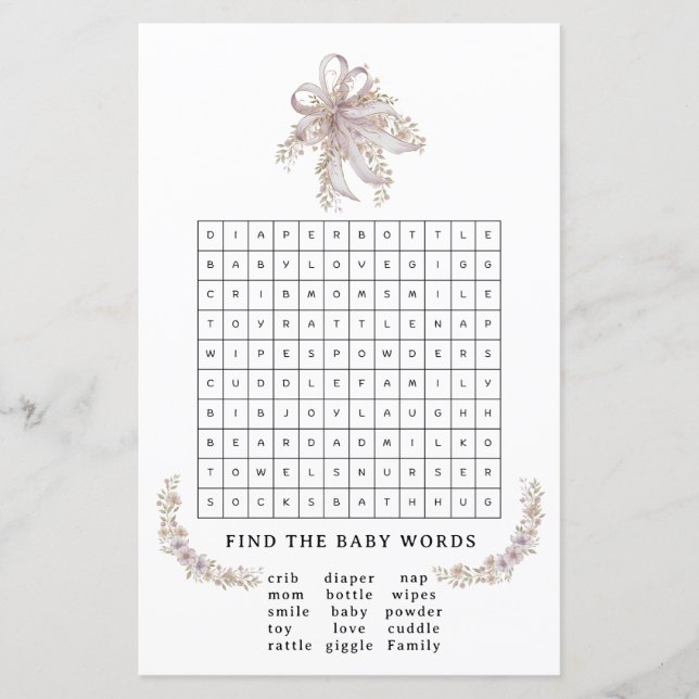 Lámina Coquette purple bow baby shower game (Anverso)