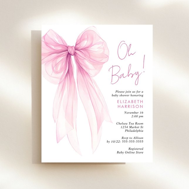 Lámina Coquette rosa Bow Baby Girl Shower Invitación (Celebrate the upcoming arrival of your baby girl with a cute baby shower invite at a budget price)
