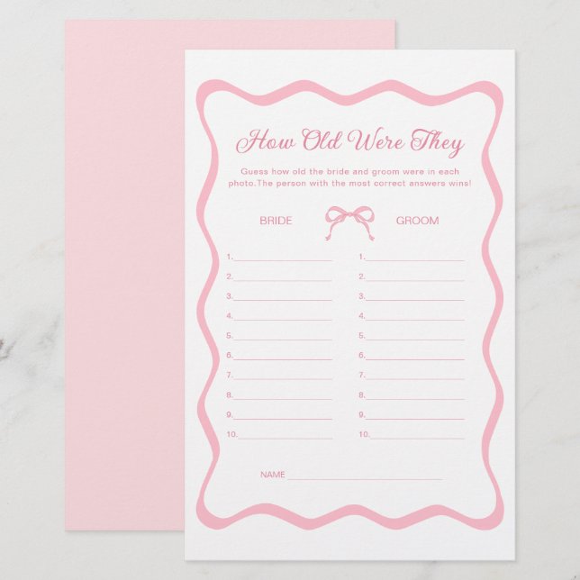 Lámina Coquette rosa Bow Bridal Shower adivina juego de l (Anverso / Reverso)