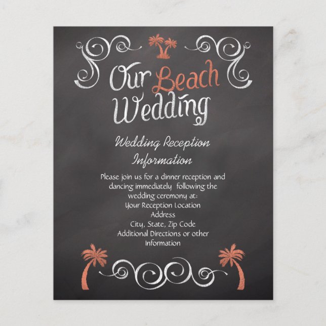 Lámina Coral Chalkboard Beach Wedding Recepción Insertar (Anverso)