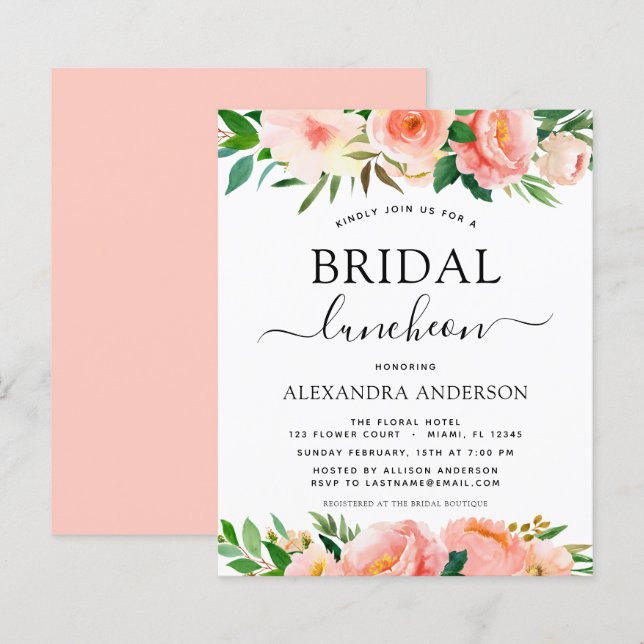 Lámina Coral Peach Floral Bridal Shower Luncheon (Anverso / Reverso)