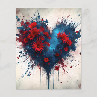 Lámina Corazón azul en llamas con flores rojas