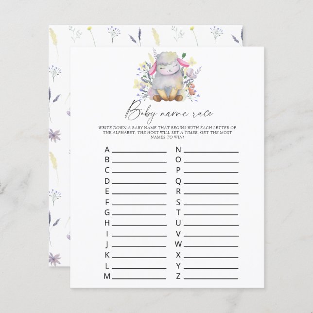 Lámina Cordero - Juego de carreras de nombres de bebé (Anverso / Reverso)