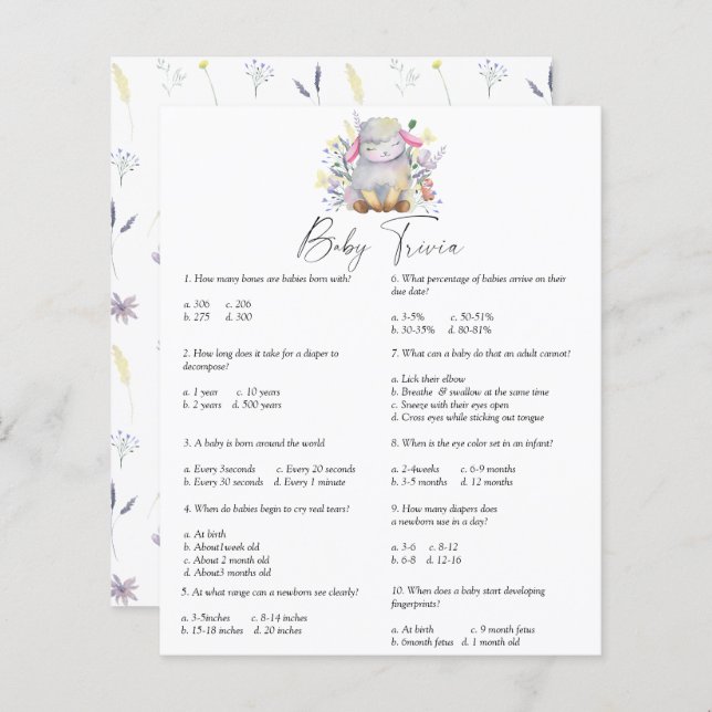 Lámina Cordero - Trivia para bebés | Juego Baby Shower (Anverso / Reverso)