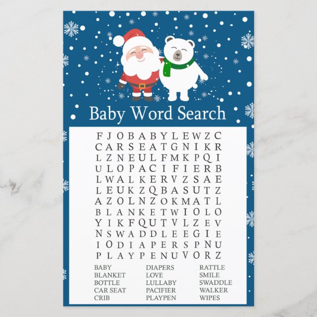Lámina Corta santa y oso polar Baby Shower Word Search (Anverso)
