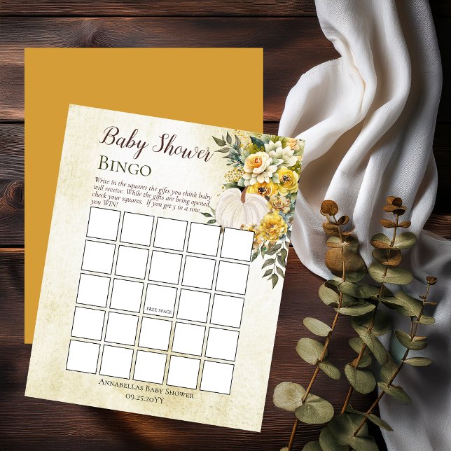 Lámina Cosecha de calabaza | Bingo Baby Shower con floral (White Pumpkin and Gold Floral Baby Shower Bingo Game Print Only - Little Pumpkin Collection)