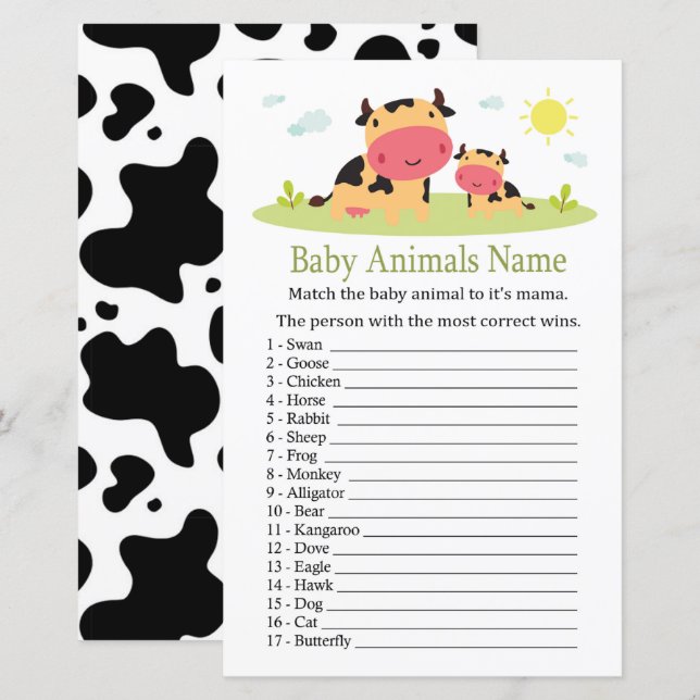 Lámina Cow Baby Animals Name Game (Anverso / Reverso)