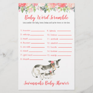 Lámina Cow Baby Shower Baby Word Scramble Game