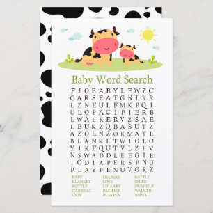 Lámina Cow Baby Shower Word Search Game