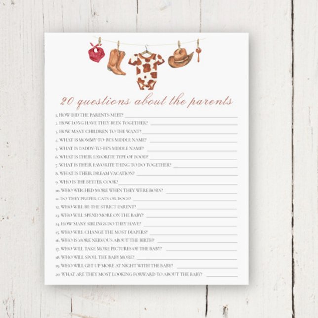 Lámina Cowboy baby shower - 20 questions about parent (Subido por el creador)