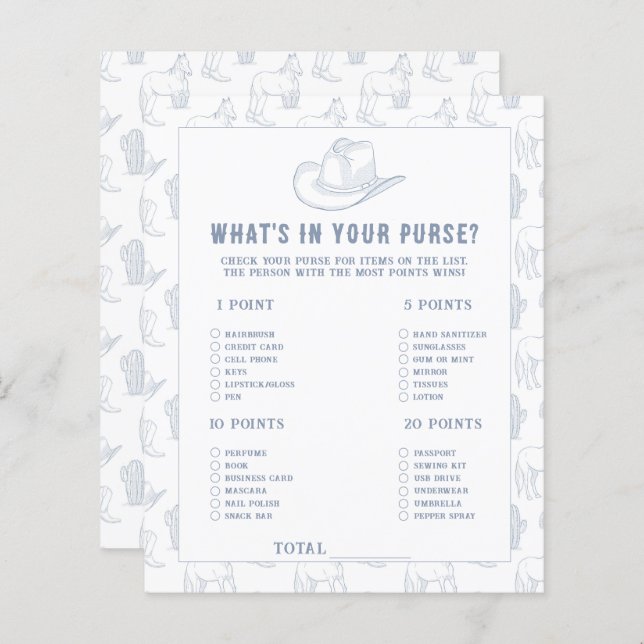 Lámina Cowboy Baby Shower - ¿Qué hay en tu bolso? (Anverso / Reverso)