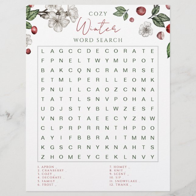 Lámina Cozy Winter Word Search Game  (Anverso)