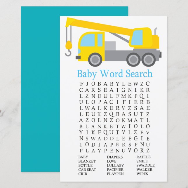 Lámina Crane Truck Baby Shower Word Search Game (Anverso / Reverso)