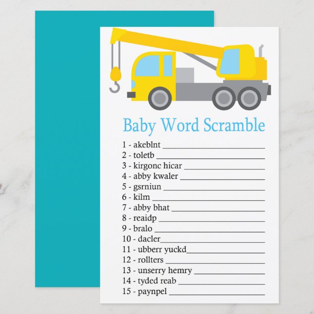 Lámina Crane Truck Baby word scramble game (Anverso / Reverso)