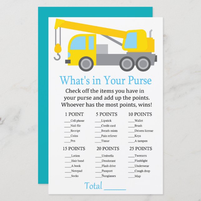 Lámina Crane Truck ¿Qué hay en tu juego de bolso, bebé du (Anverso / Reverso)