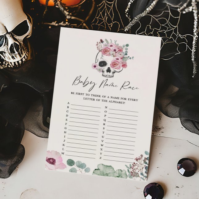 Lámina Cráneo gótico rosa de cráneo floral nombre bebé ju (Floral Skull Baby Shower Baby Name Race Game)