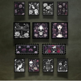 Lámina Cráneo gótico y estampillas de libro de orfebras d