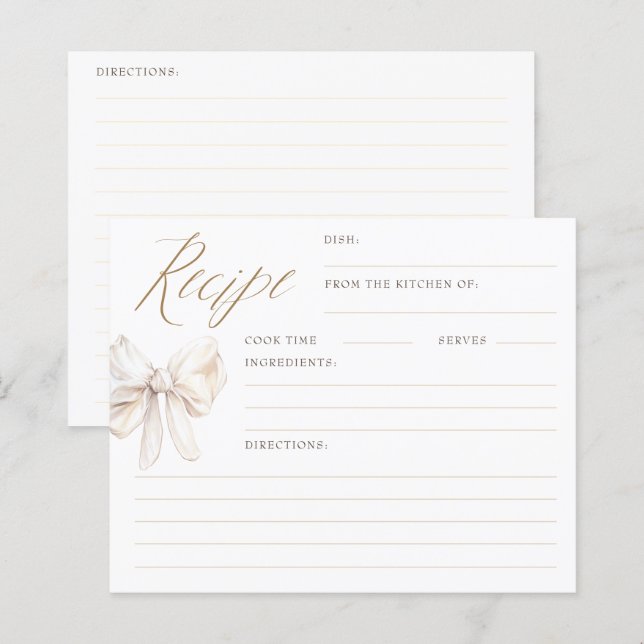 Lámina Cream Bow Elegant Bridal Shower Recipe Cards (Anverso / Reverso)