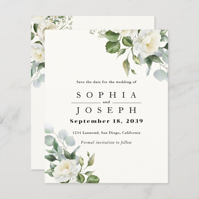 Lámina Creamy Floral Eucalyptus Wedding Save the date (Anverso / Reverso)