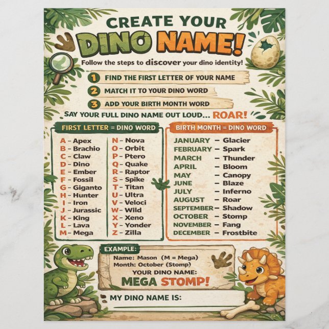 Lámina Create Your Name Dinosaur Party Game (Anverso)