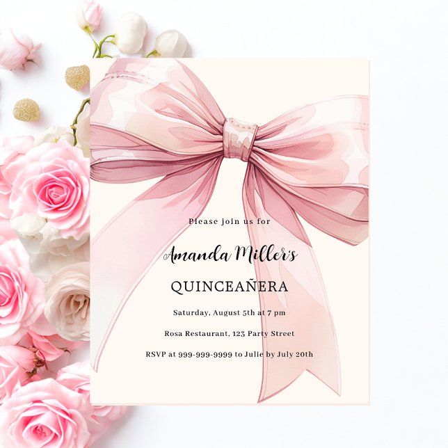 Lámina Crema de color rosa Quinceanera Invitación (Subido por el creador)