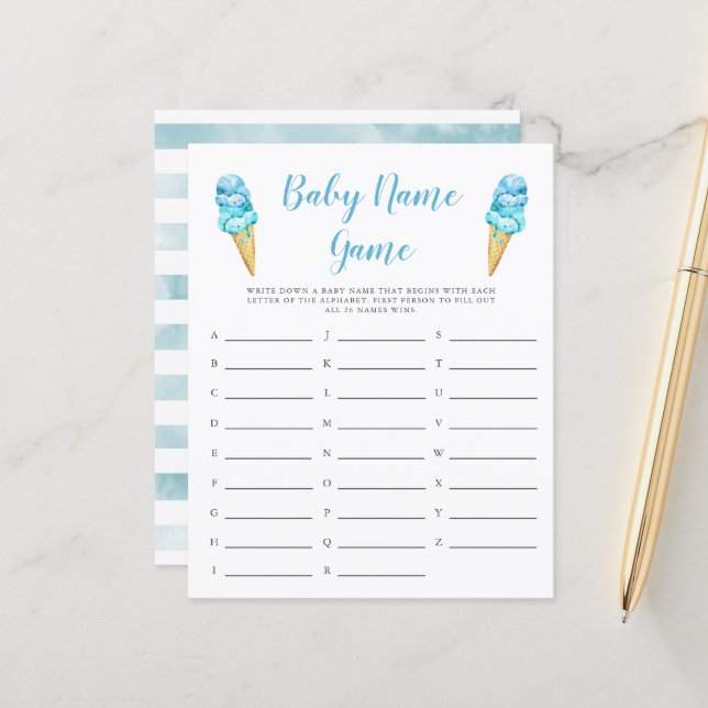 Lámina Crema de hielo azul Baby Name Shower Game (Anverso/Reverso In Situ)