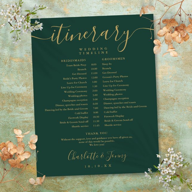 Lámina Cronograma de bodas en oro esmeralda Itinerario Ti (Emerald Gold Schedule Wedding Itinerary Timeline)