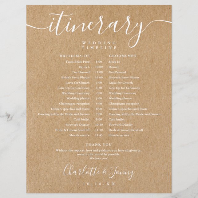 Lámina Cronograma de bodas itinerario calendario Rustic K (Anverso)