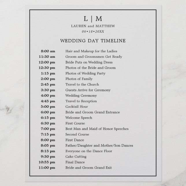 Lámina Cronología de Boda con Monograma Gris Claro Simple (Anverso)
