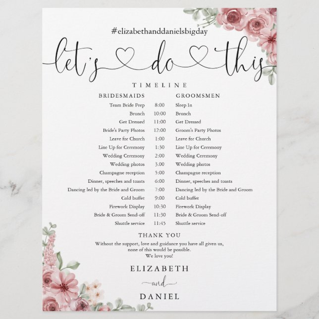 Lámina Cronología de la boda con letra de corazón floral (Anverso)