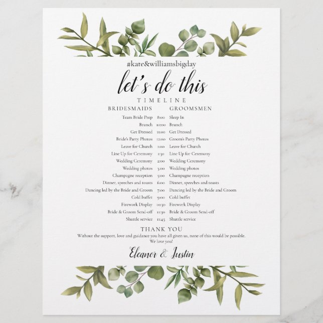 Lámina Cronología de la boda de eucalipto verde (Anverso)