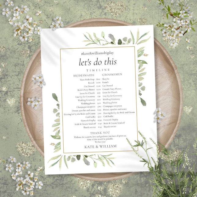Lámina Cronología de la boda de follaje verde (Greenery Foliage Wedding Schedule Timeline)