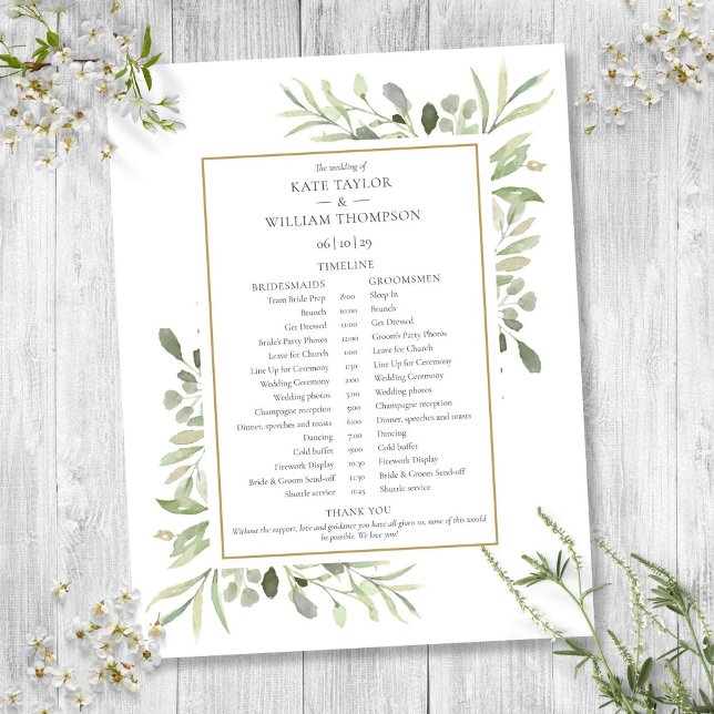 Lámina Cronología del calendario de boda con vegetación a (Watercolor Greenery Wedding Schedule Timeline)
