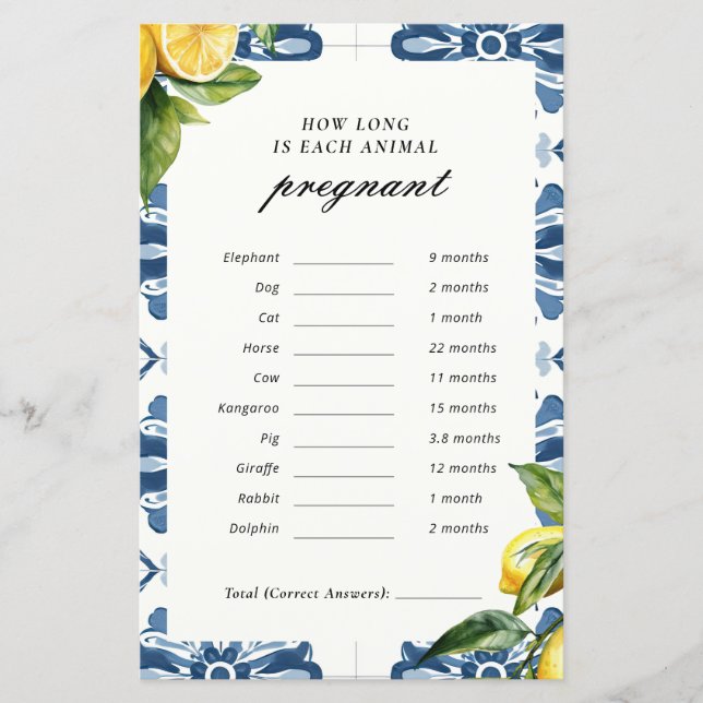 Lámina Cuánto Tiempo Cada Embarazo Animal Positano Juego  (Anverso)