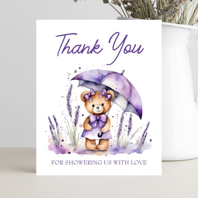 Lámina Cuato oso de peluche morado bebé ducha de agradeci (Purple lavender teddy bear baby shower thank you card template, cute teddy with umbrella thank you )