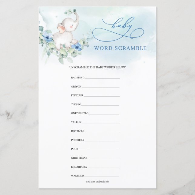 Lámina Cuidada acuarela elefante azul Bebé Word Scramble (Anverso)