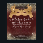 Lámina Cumpleaños de la Purpurina de oro de Borgoña<br><div class="desc">Moderna Mascarada de Glam Borgoña Purpurina de oro rojo destello Polvo Invitación a fiesta de cumpleaños</div>