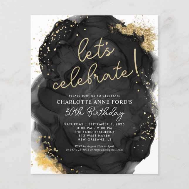 Lámina Cumpleaños de la tinta del Purpurina de oro negro  (Anverso)