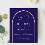 Lámina Cumpleaños del arco de oro azul Save the Date<br><div class="desc">Una tarjeta Save the Date para una fiesta de cumpleaños número 70 (o cualquier edad). Un fondo azul oscuro, decorado con un falso arco dorado. Personalice y agregue una fecha y su nombre. El texto: Setenty y Save the Date se escribe con un gran guión de estilo a mano a...</div>
