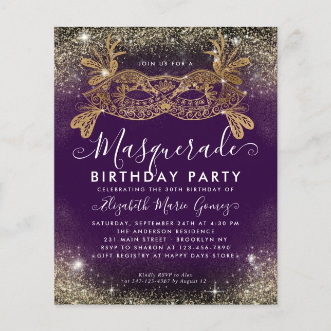 Lámina Cumpleaños del Purpurina Purple Gold de Masquerade (Anverso)