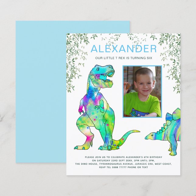 Lámina Cumpleaños Dinosaurio Rugido Foto Azul (Anverso / Reverso)