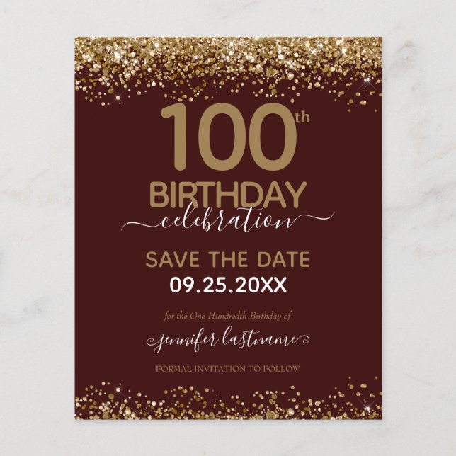 Lámina Cumpleaños número 100 Save the Date Budget Invitac (Anverso)