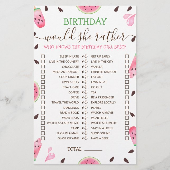 Lámina Cumpleaños preferiría un juego editable Watermelon (Anverso)