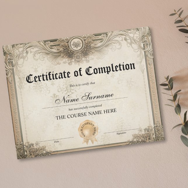 Lámina Curso de Premio de Certificado de Terminación de D (CLASSIC ELEGANT BEIGE GOLD ORNATE CERTIFICATE OF COMPLETION)